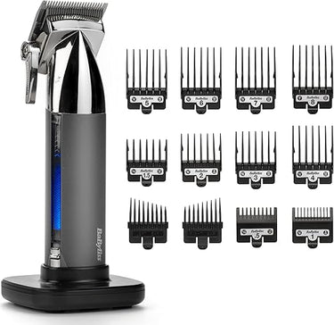 BaByliss Cortapelos Super-X Metal – Máquina de cortar el pelo inalámbrica, Cuchillas de acero japonés, 10 peines guía, 2 peines guía cónicos, Batería de litio, Empuñadura metálica, Negro, E996E